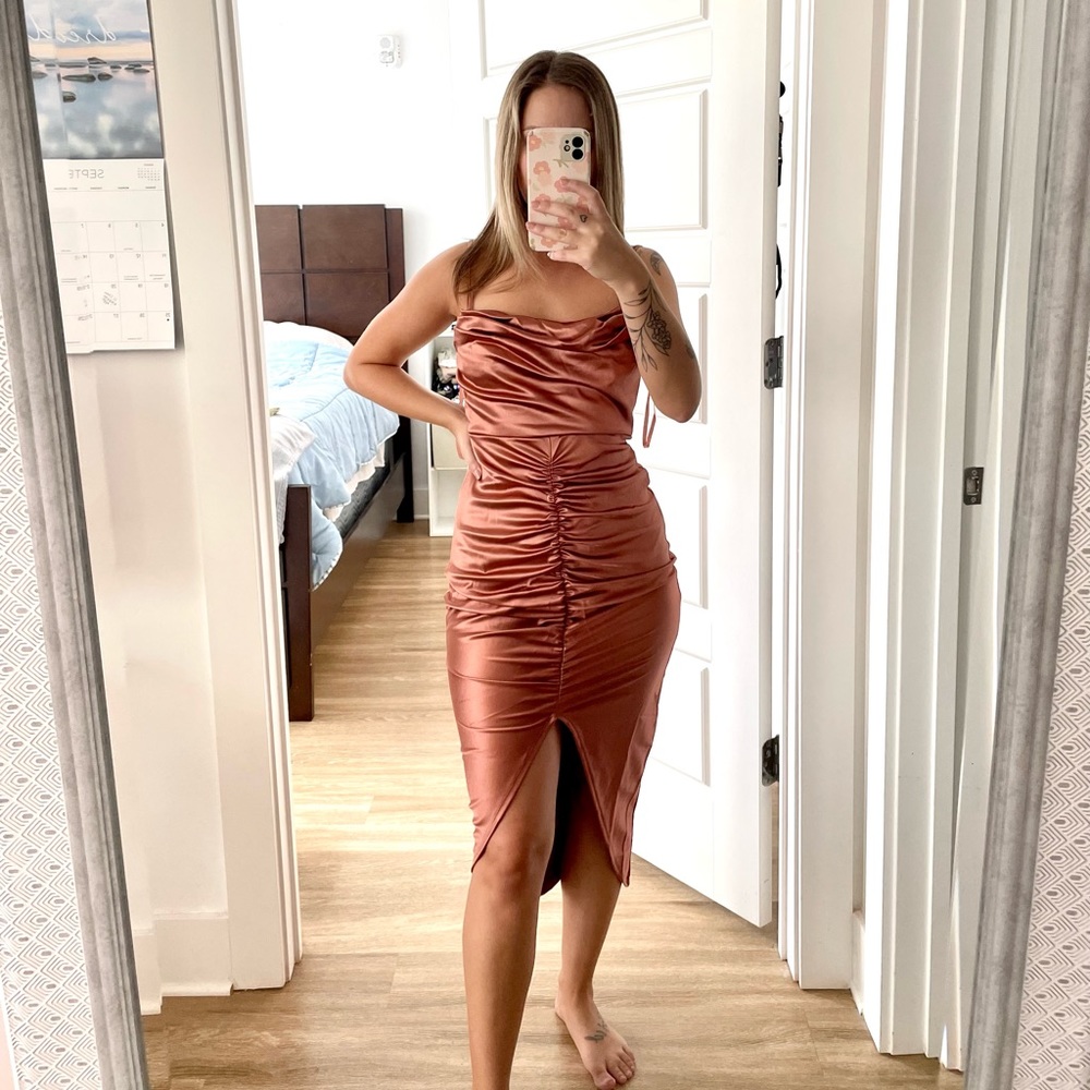 Rose gold pink midi dress